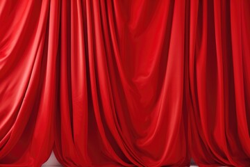 A red curtain hangs behind a white chair, creating an elegant and dramatic backdrop.