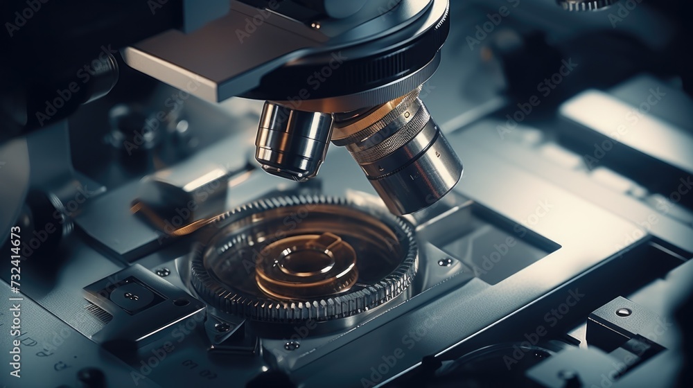 Poster a detailed view of a microscope placed on a table. can be used for scientific research, education, o