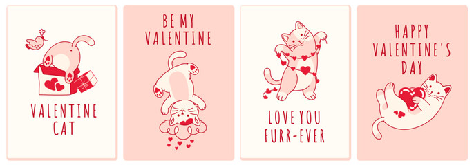 Collection of valentine cards with funny cats. Adorable pink and white postcards with greeting message. Cute kittens with red hearts.