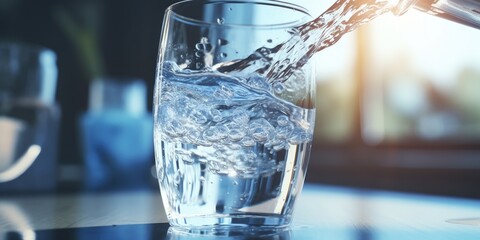 A glass of water being poured into another glass. Suitable for various uses