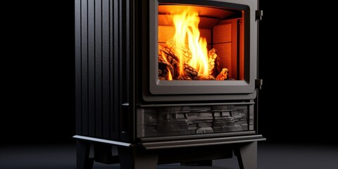 A wood burning stove in a dark room. Can be used to create a cozy and warm atmosphere