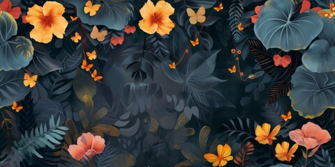 Fototapeta na wymiar Vibrant hand-painted floral tropical and fruit seamless pattern with colorful blooms flowers and fruits, bright floral background. Botanical wallpaper with gold.