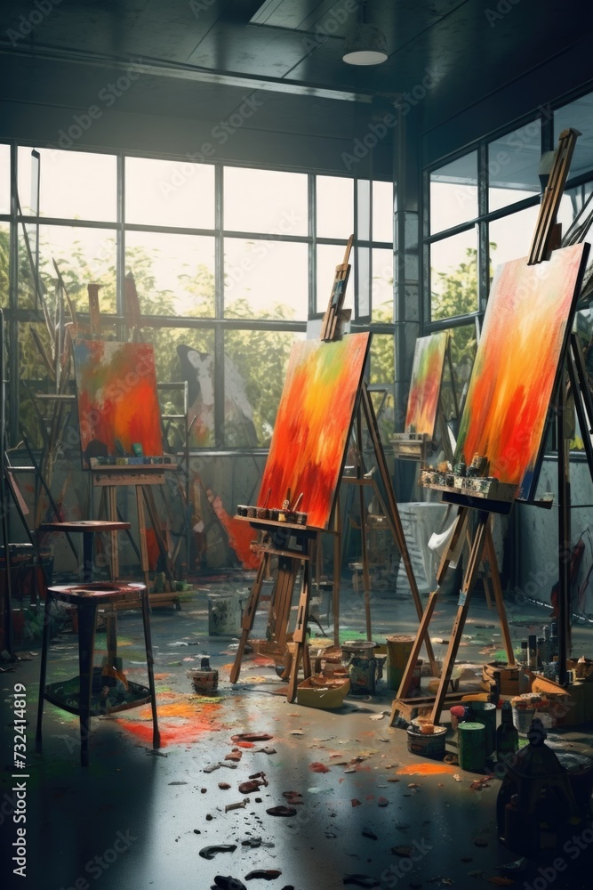 Poster an artist's studio with easels and paintings. suitable for art-related projects and promotions