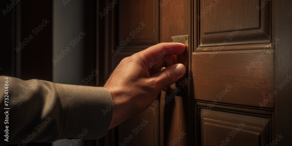 Poster a person is pictured holding a door handle in a dark room. this image can be used to represent myste