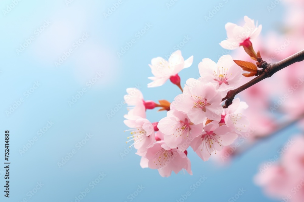 Poster a close-up photograph of a branch from a cherry tree with beautiful pink flowers. perfect for spring