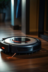 A robotic vacuum cleaner on a wooden floor. Ideal for cleaning hard surfaces efficiently.