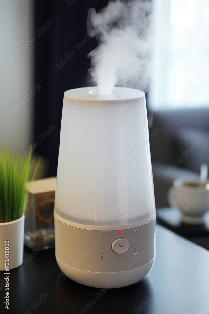 Poster a compact white humidifier sitting on top of a table. suitable for home or office use