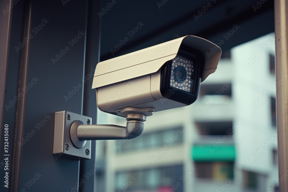 Poster A security camera mounted on the side of a building. Can be used to monitor activities and enhance security