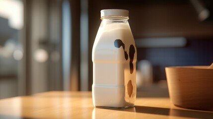 A bottle of milk sitting on top of a wooden table. Can be used to depict a cozy breakfast scene or to represent healthy lifestyle choices