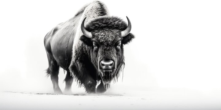 A black and white photo of a bison. Can be used to depict wildlife, nature, or animal themes