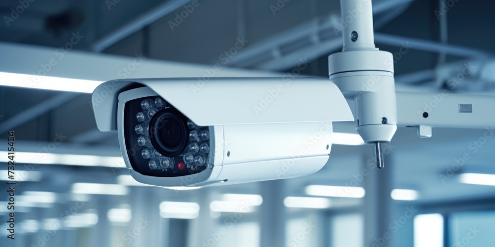 Poster a security camera mounted to the ceiling of a building. ideal for surveillance and monitoring purpos