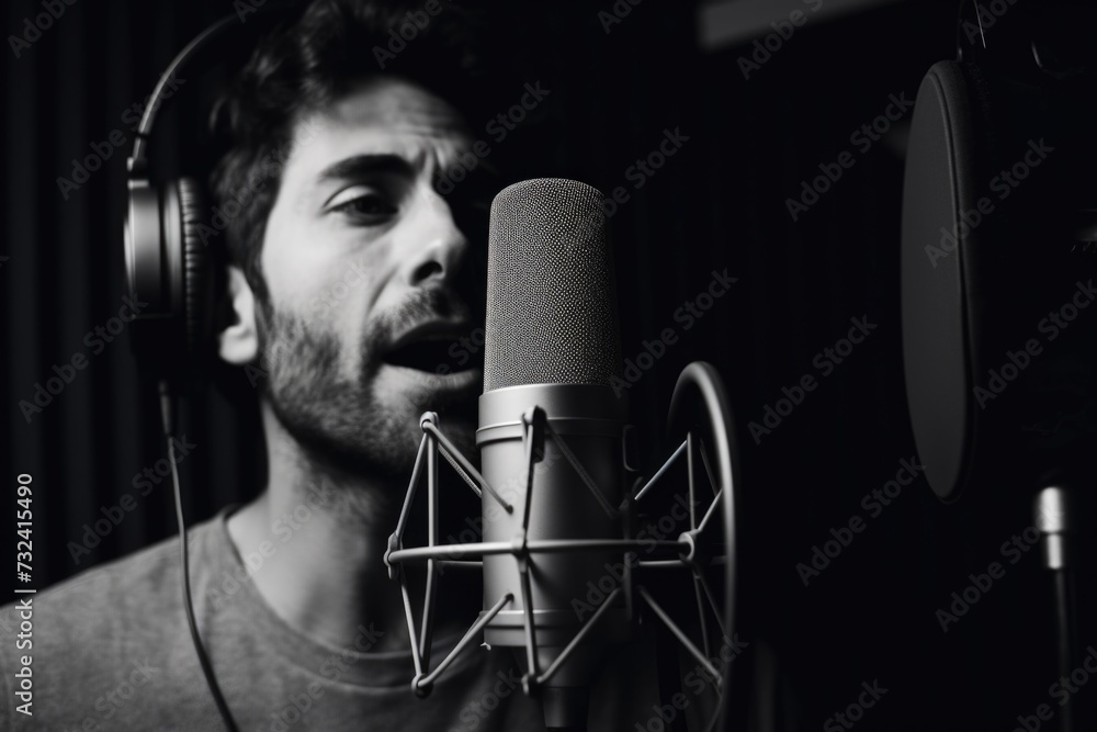 Poster A man is captured singing into a microphone in a recording studio. This image can be used to depict the process of recording music or capturing vocals in a professional setting