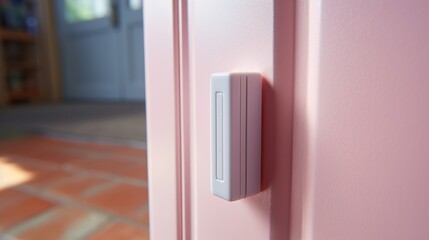 A white door handle on a pink door. Can be used for home improvement or interior design projects