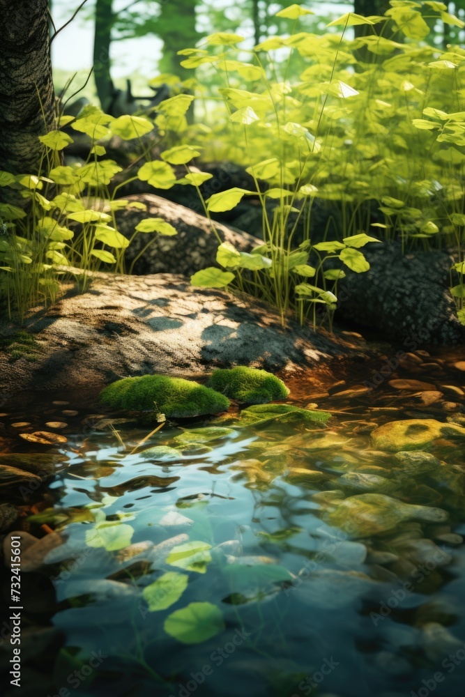Poster A picture of a stream running through a lush green forest. This image can be used to depict the beauty and tranquility of nature