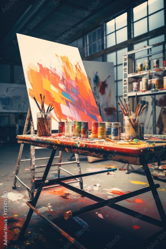 Poster an easel with a painting displayed in a room. suitable for home decor or art-related content