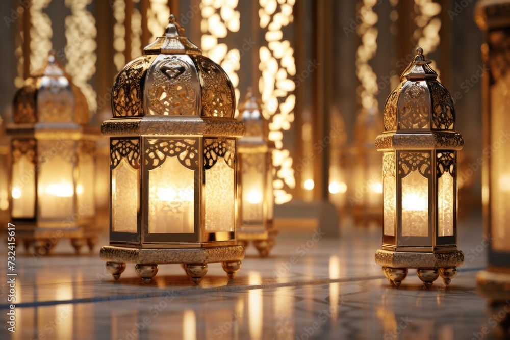 Poster Gold lanterns arranged in a group on a beautiful marble floor. Perfect for adding an elegant touch to any space
