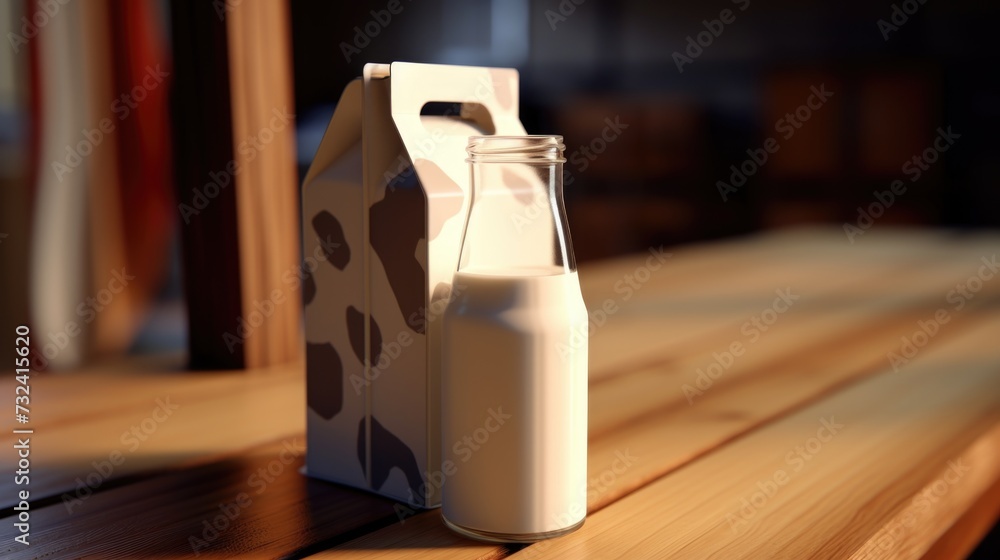 Poster A bottle of milk sitting on top of a wooden table. Suitable for food and beverage related designs