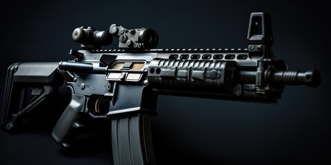 A machine gun with a red dot sight attached for enhanced accuracy. Ideal for military and law enforcement purposes