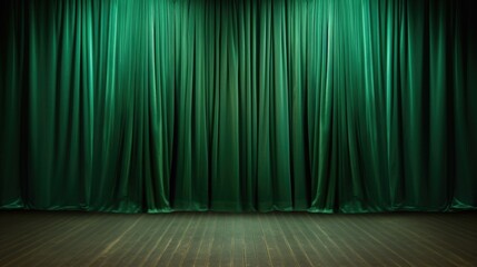 A stage with green curtains and a wooden floor. Suitable for theater performances and events.