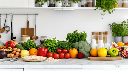Bright and fresh kitchen scene bursting with colorful produce. healthy lifestyle and eating. well-stocked home kitchen with variety. AI