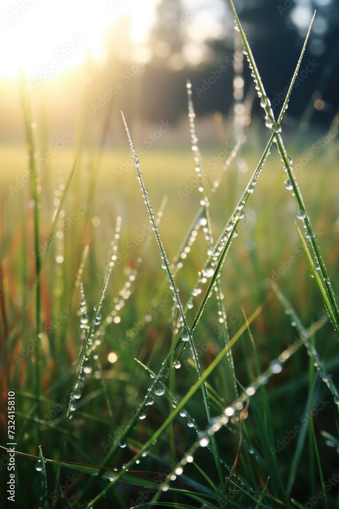 Poster a picture of a field of grass with water droplets on it. perfect for nature-themed designs or illust