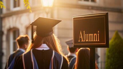 Alumni reunion concept image with sign alumni on college campus and graduated students with regalia and hat in background