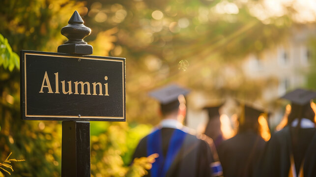 Alumni reunion concept image with sign alumni on college campus and graduated students with regalia and hat in background