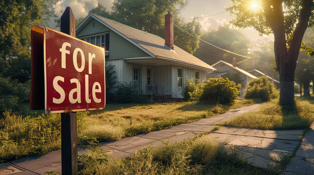 Home for sale with a sign with written for sale in front of a house , real estate sales concept image background