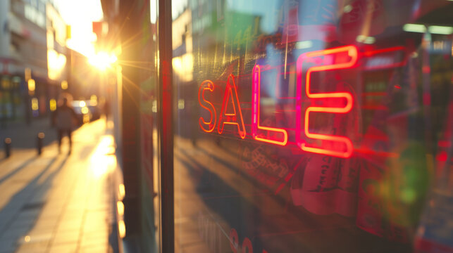 Sale concept image with a Sale sign in a shop window and people in street in background