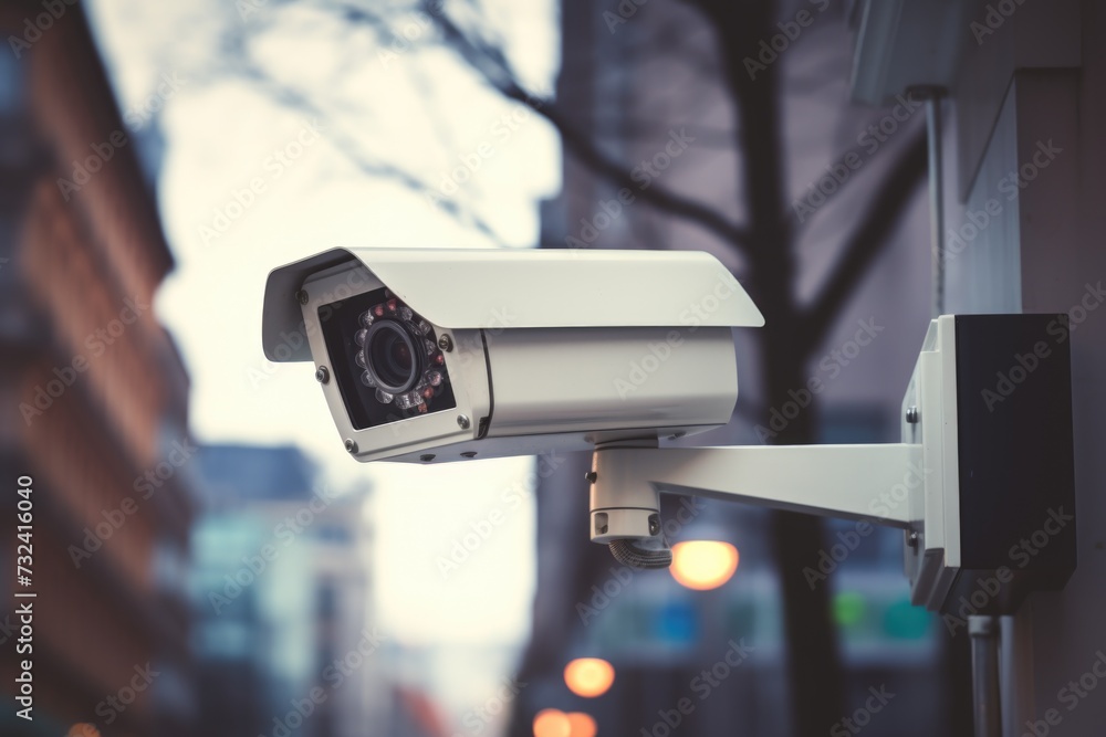 Poster A security camera mounted on the side of a building. Can be used to monitor and enhance security measures