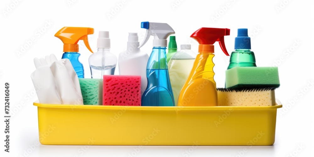 Poster a yellow container filled with various cleaning supplies. perfect for illustrating cleanliness and o