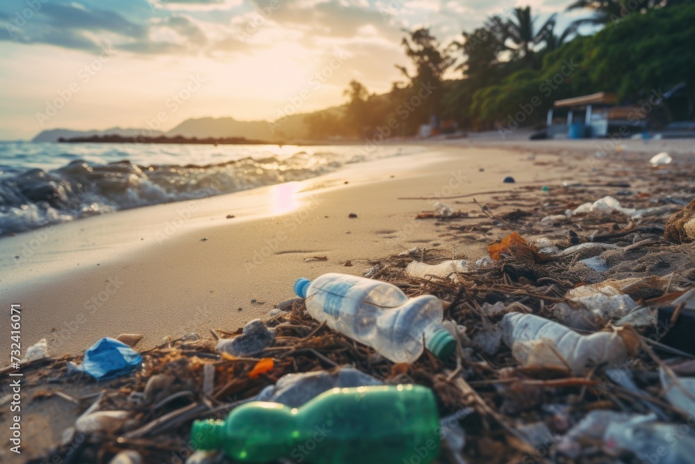 Poster a beach covered in a multitude of trash. ideal for raising awareness about pollution and the importa