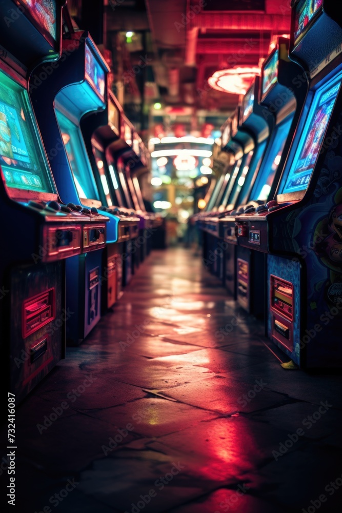 Aufkleber a row of arcade machines in a dark room. perfect for illustrating the nostalgia of arcade gaming or 