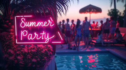 Summer party sign concept image with pool party with people in background