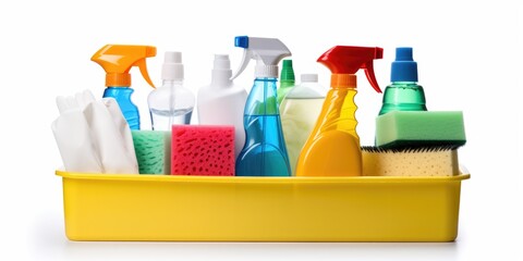 A yellow container filled with various cleaning supplies. Perfect for illustrating cleanliness and organization. Use this image to enhance your cleaning, household, or storage-related projects
