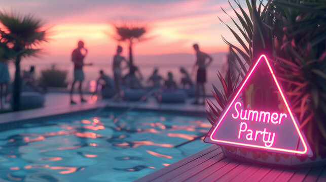 Summer party sign concept image with pool party with people in background