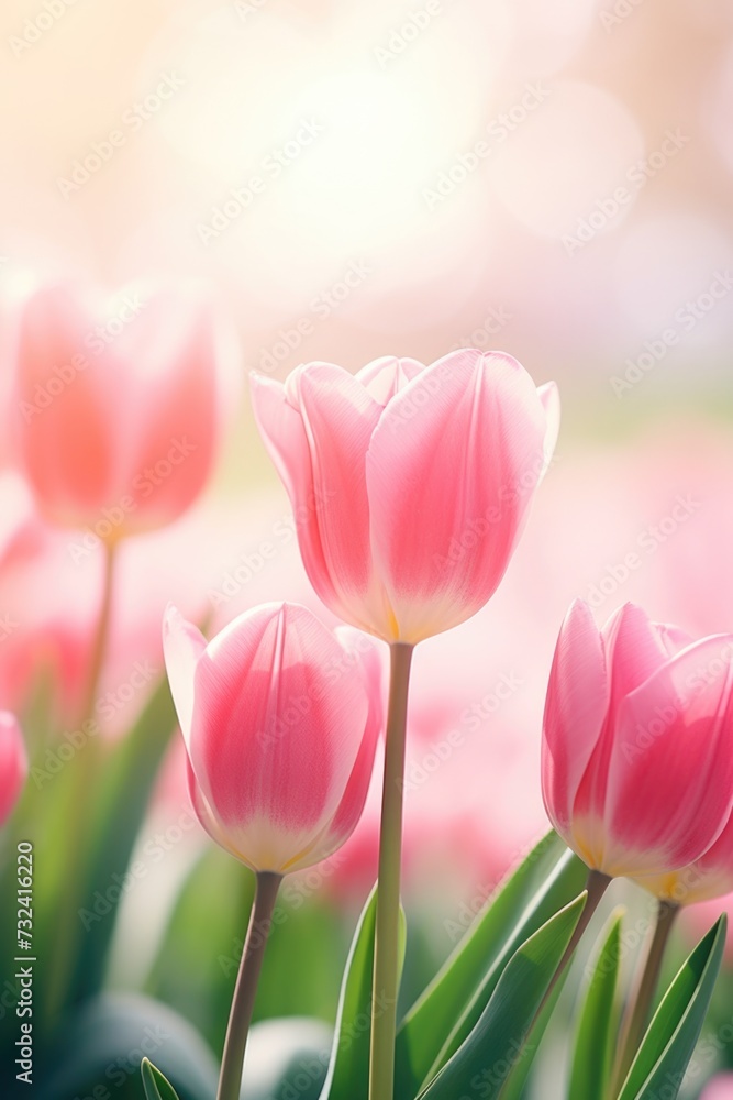 Poster A group of pink tulips in a field. Perfect for springtime or floral-themed designs