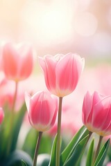 A group of pink tulips in a field. Perfect for springtime or floral-themed designs