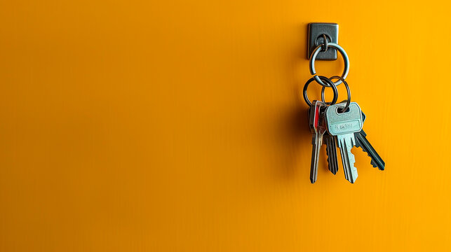 bunch of keys hanging on a yellow wall