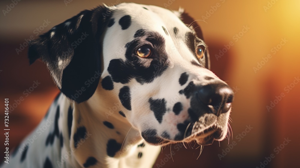 Poster a close-up view of a dalmatian dog's face. this image can be used in various projects related to pet