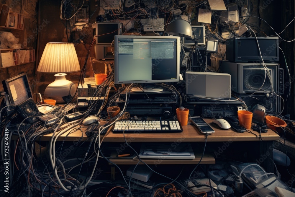 Wall mural A cluttered desk with a computer monitor and keyboard. Can be used to represent a busy work environment or a messy workspace.