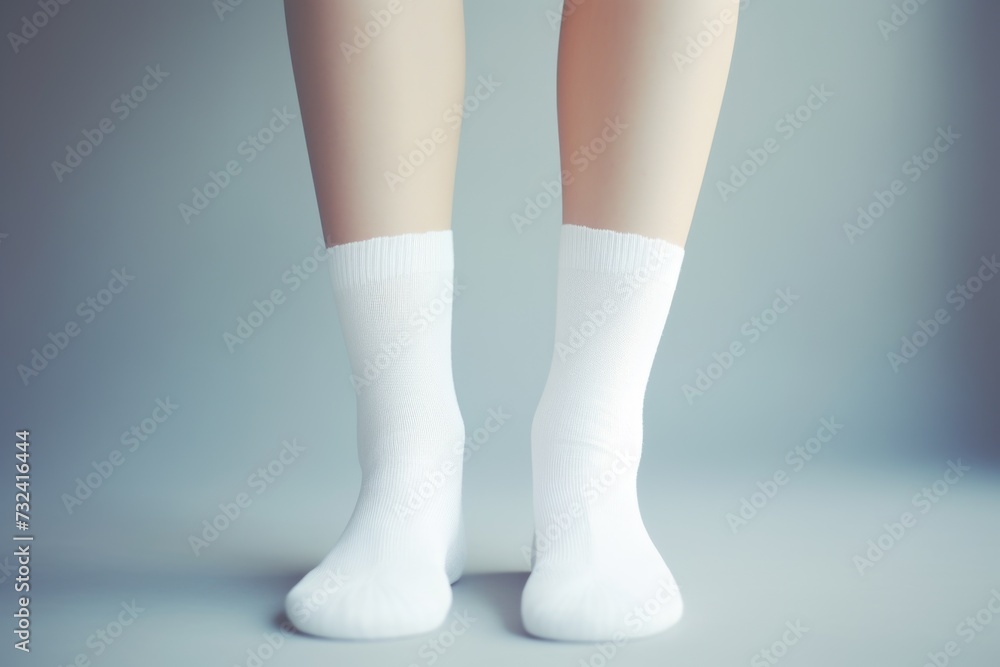 Poster a picture of a woman's legs wearing white socks and socks. this versatile image can be used in vario