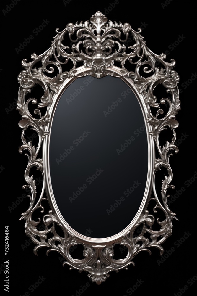 Poster a silver oval mirror on a black background. perfect for adding a touch of elegance and sophisticatio