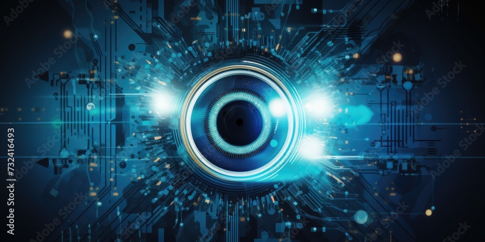 Poster A captivating digital image of a blue eye illuminated by surrounding lights. Perfect for use in futuristic or technology-related projects