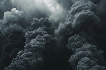 Dramatic and moody depiction of swirling fog storm clouds and rain mist against dark black...