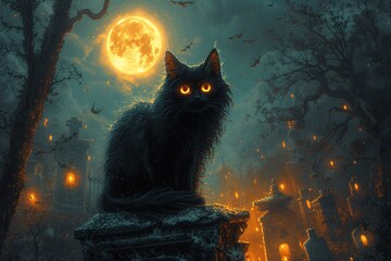Ghostly Feline: A Black Cat's Eerie Eyes in a Halloween Night Generative AI