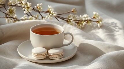 Obraz na płótnie Canvas a cup of tea and macaroons in a beige tone. minimal style.