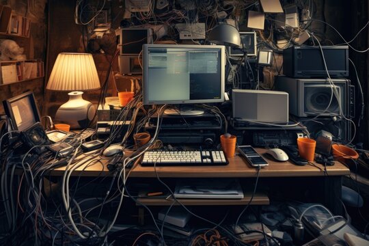 A cluttered desk with a computer monitor and keyboard. Can be used to represent a busy work environment or a messy workspace.