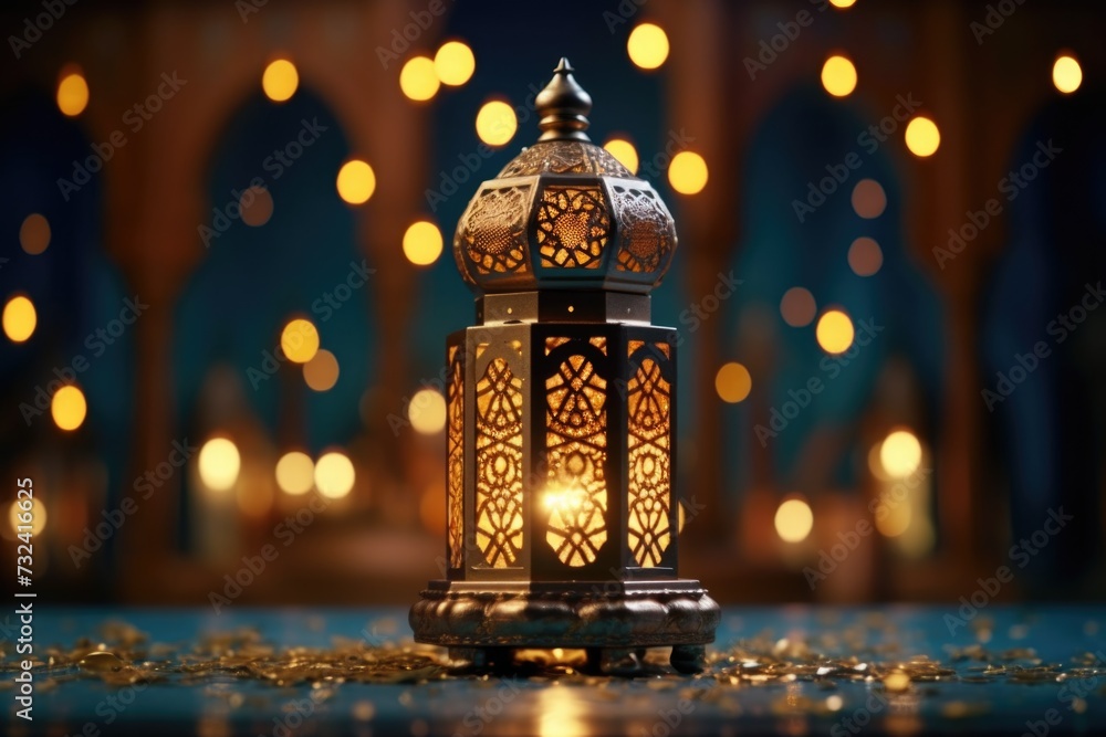 Poster A lantern is lit on a table, with lights in the background. This image can be used to create a cozy and warm ambiance for various settings