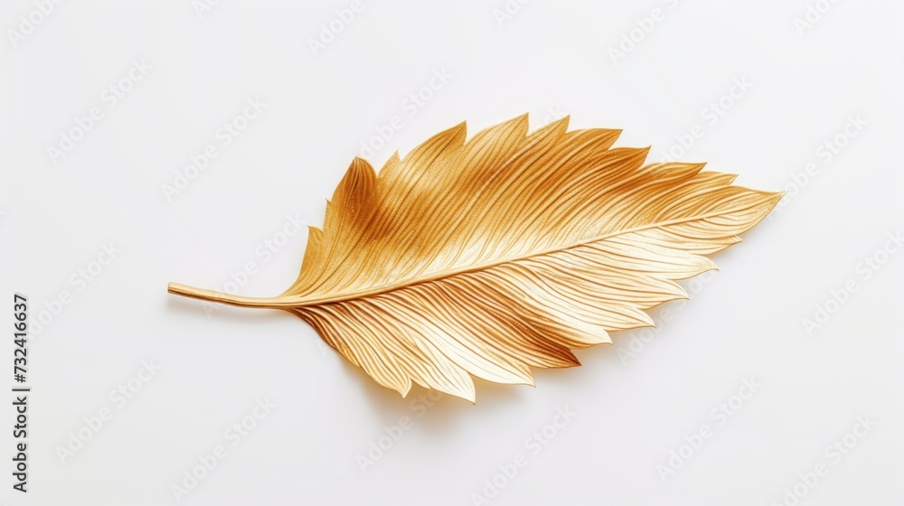Poster a stunning gold leaf resting on a clean, white surface. perfect for adding a touch of elegance and l